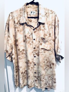 Vintage 100% silk hawaiian shirt button up beige brown palm tree guitar retro XL